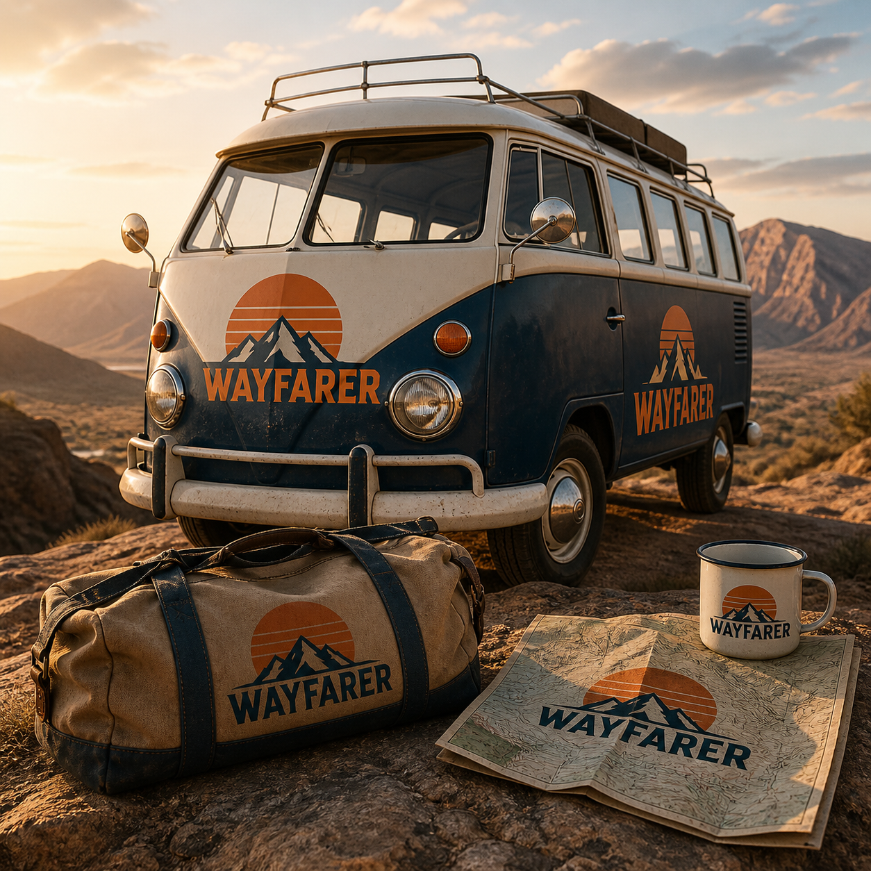  Retro WAYFARER font logo shown on an adventure van, duffel bag, map, and camp mug