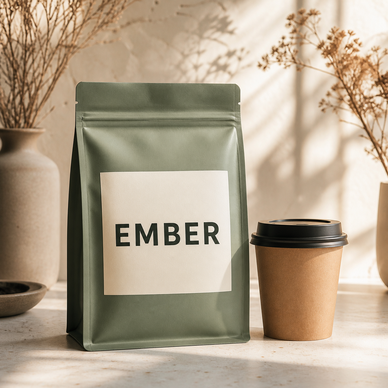 AI-generated coffee business name shown on sustainable coffee packaging and takeaway cup