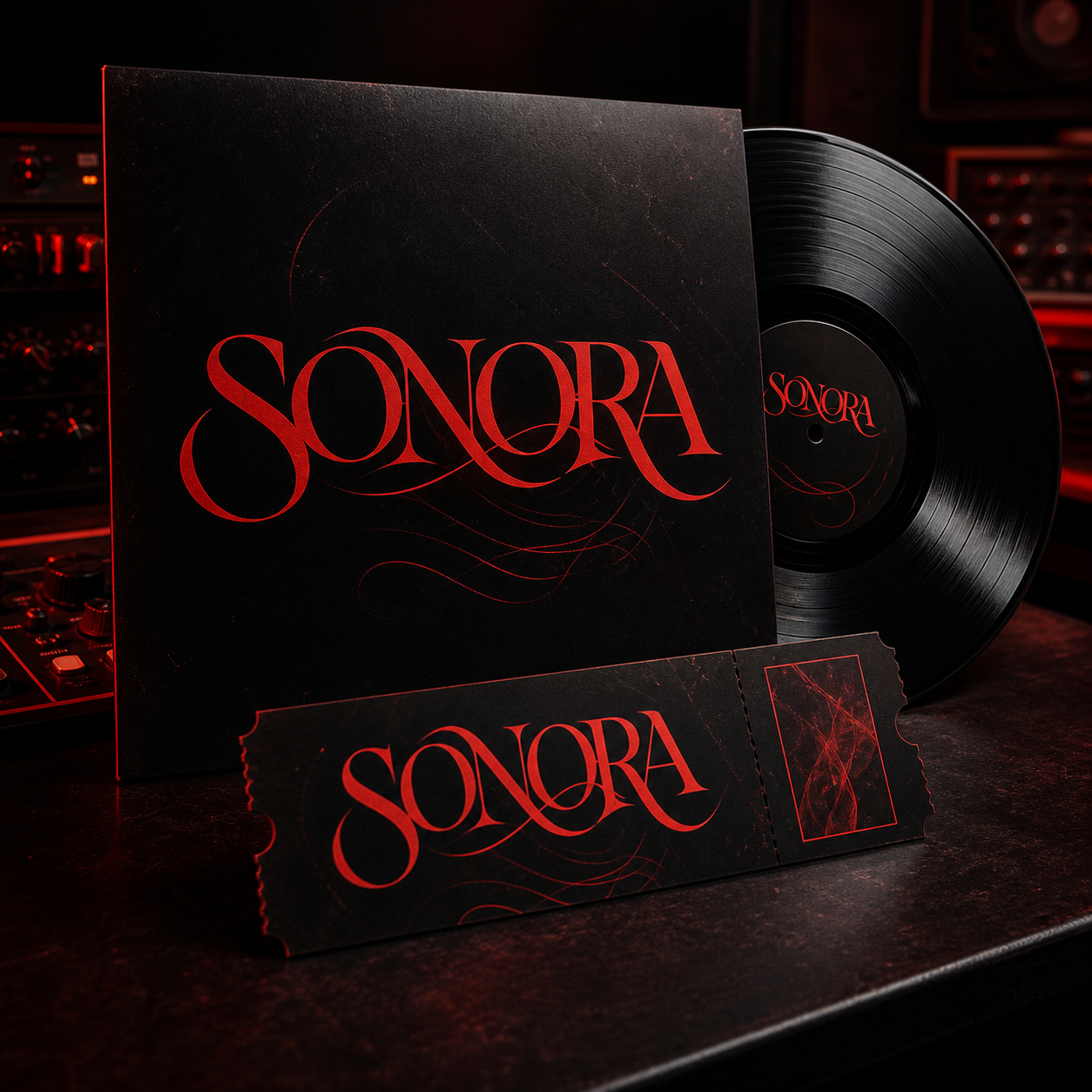 Custom SONORA font logo displayed on a vinyl record, album sleeve, and concert ticket