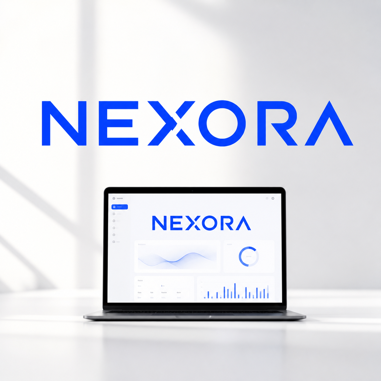 AI-generated NEXORA font logo applied to a modern SaaS dashboard