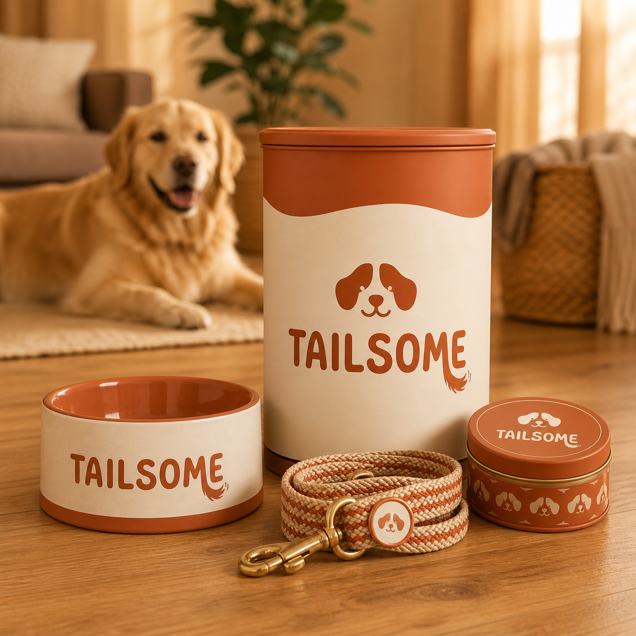 Friendly TAILSOME font logo displayed on premium dog food packaging and pet accessories