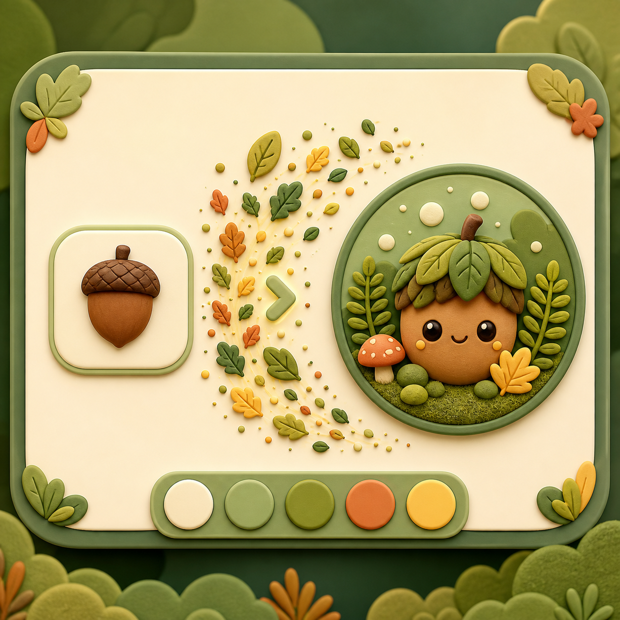 Acorn illustration restyled as a friendly woodland mobile game emblem