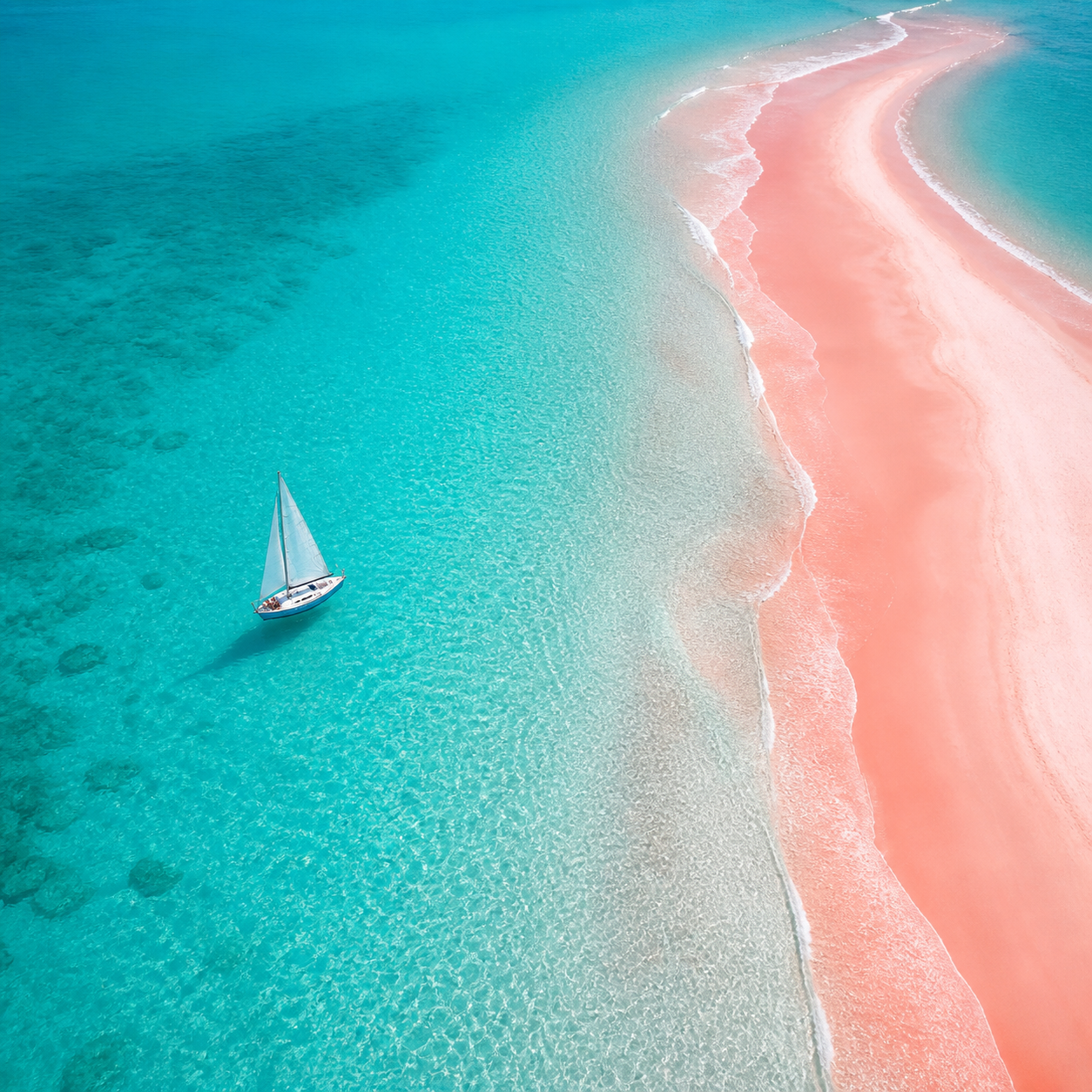 AI flyer design featuring a sailboat and pink beach travel escape