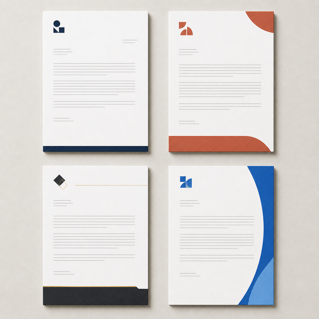 Multiple branded letterhead style options generated by an AI letterheads maker