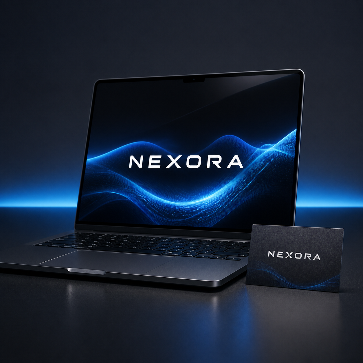 AI-generated tech startup name displayed on a laptop and business card mockup