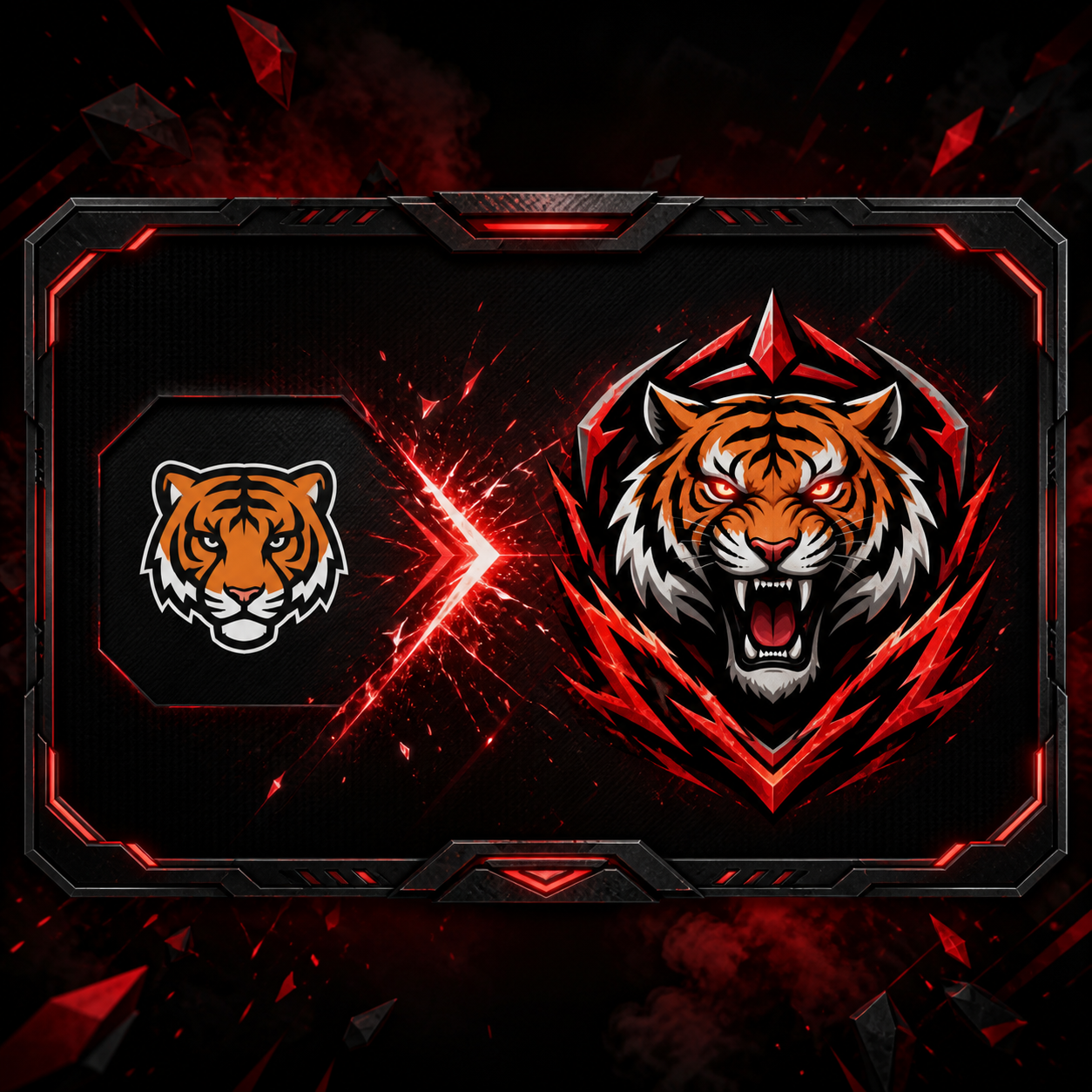AI gaming logo generator transforming a tiger icon into a bold action esports emblem