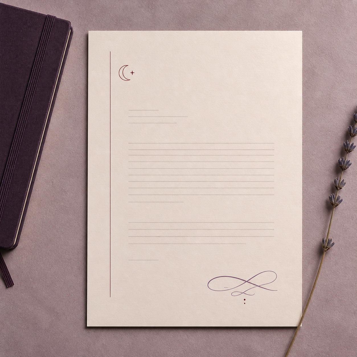 AI letterheads maker example for personal author correspondence in plum and dusty lilac
