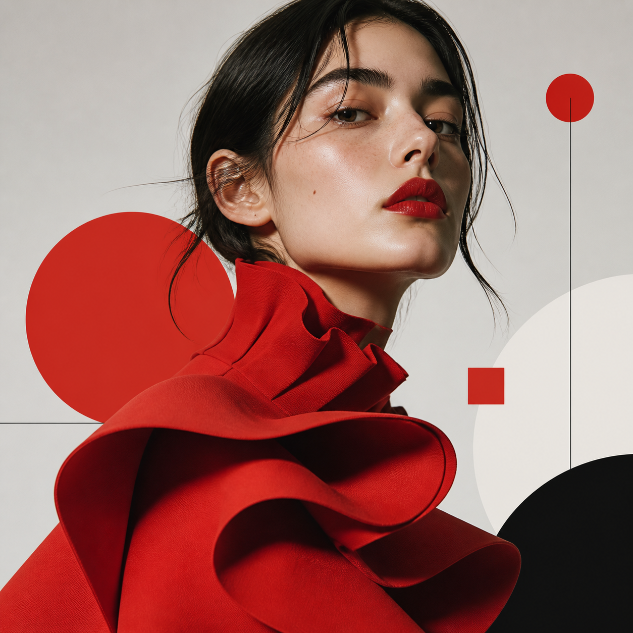 AI flyer design featuring a bold red fashion launch portrait
