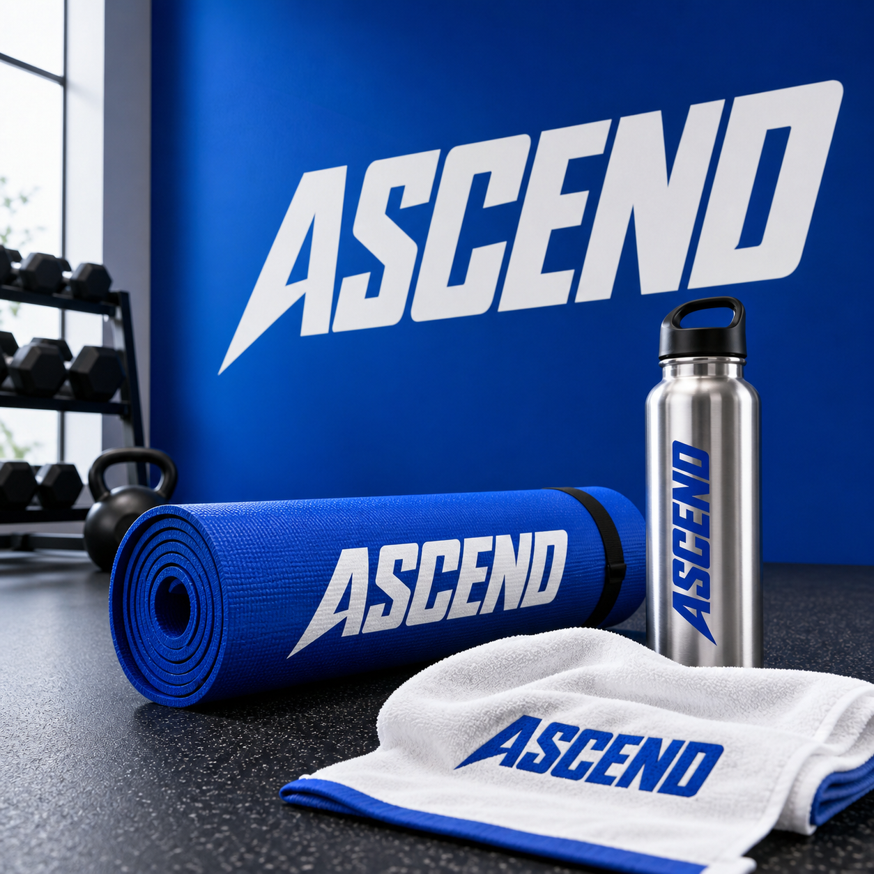 Bold ASCEND font logo applied to a fitness studio wall, yoga mat, bottle, and towel