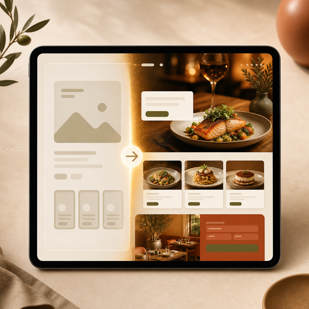 AI website builder generating an elegant restaurant website from a food business brief