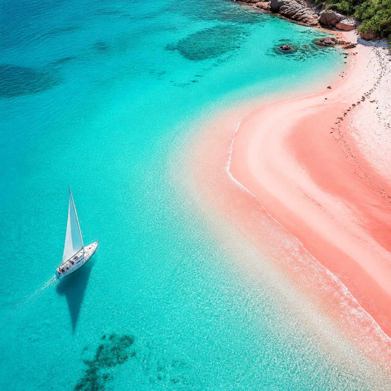 AI Flyers Maker tropical travel flyer featuring a sailboat and pink beach