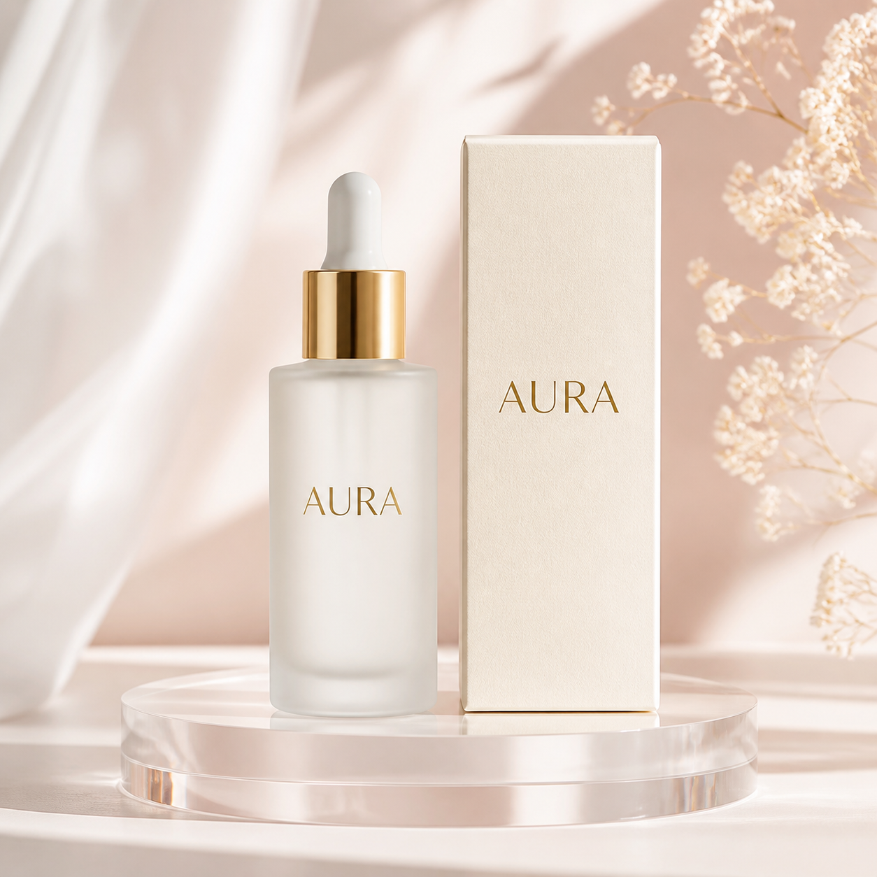I-generated beauty business name displayed on luxury skincare packaging