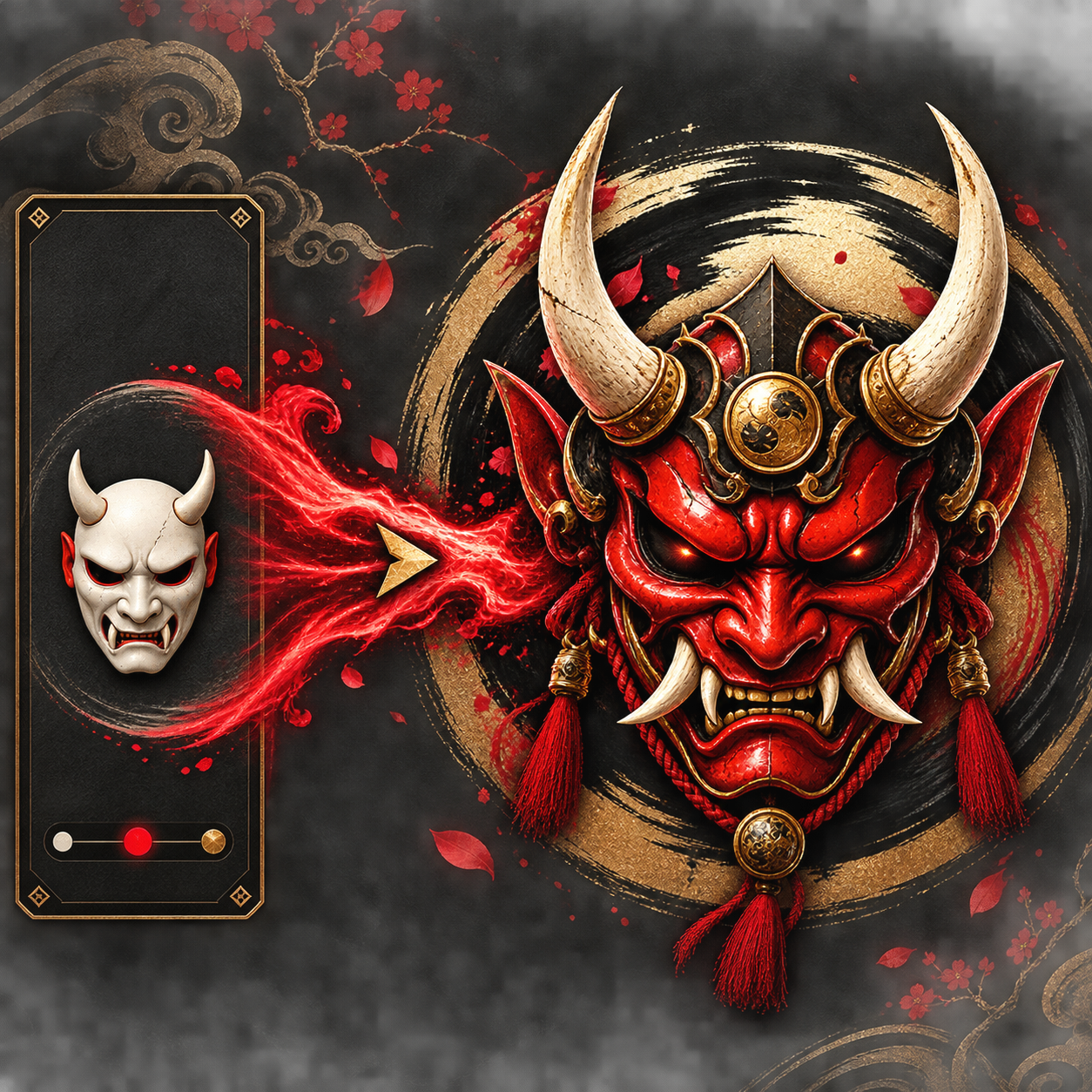 Before-and-after oni mask emblem created for a samurai game clan