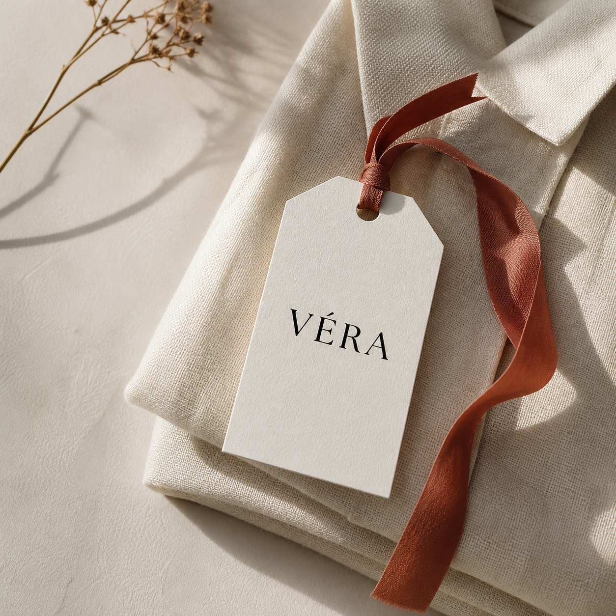 AI-generated fashion business name printed on an elegant garment hang tag