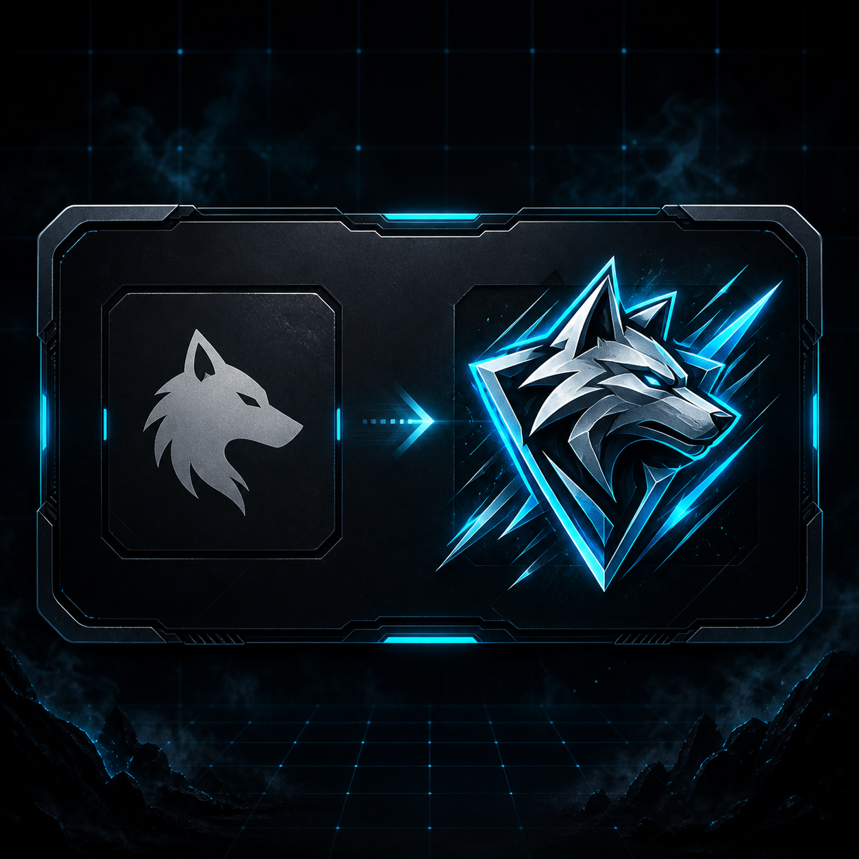 AI gaming logo generator transforming a wolf icon into a neon esports emblem