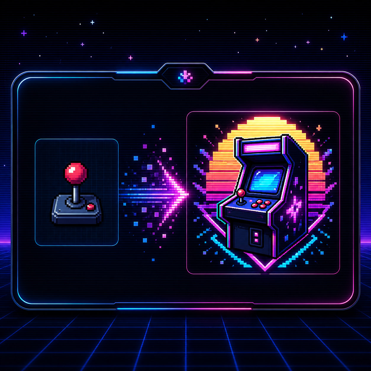 AI gaming logo generator transforming a joystick icon into a retro arcade emblem