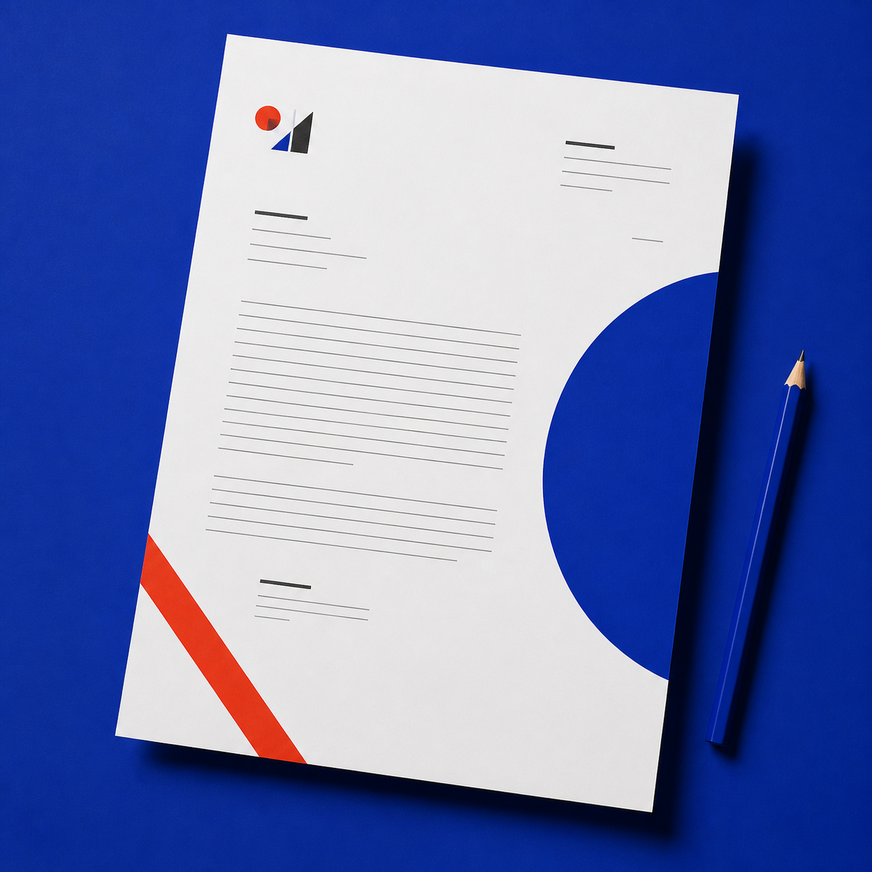 AI letterheads maker example for a creative agency with cobalt and vermilion graphics