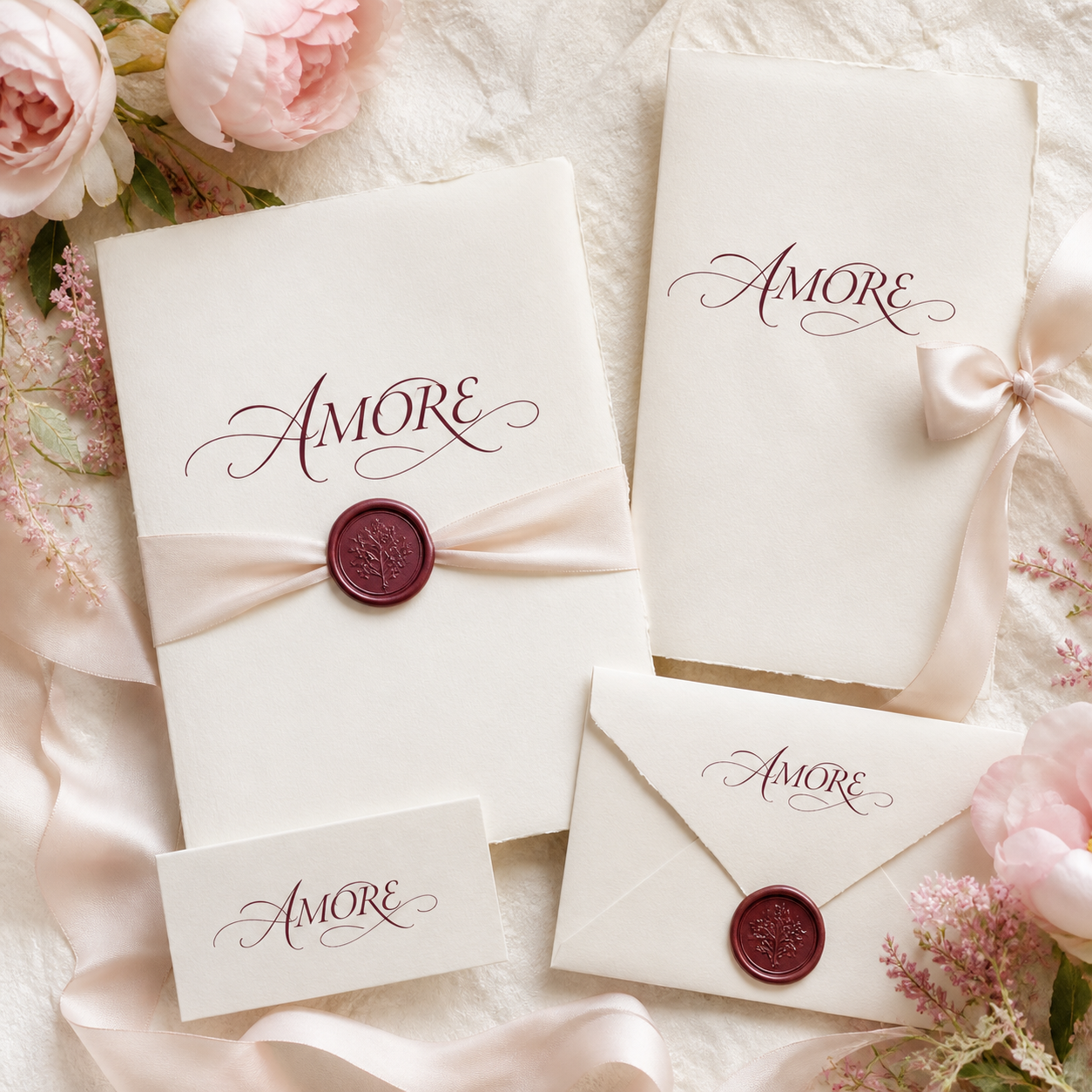 Elegant AMORE calligraphy logo featured on a luxury wedding invitation suite