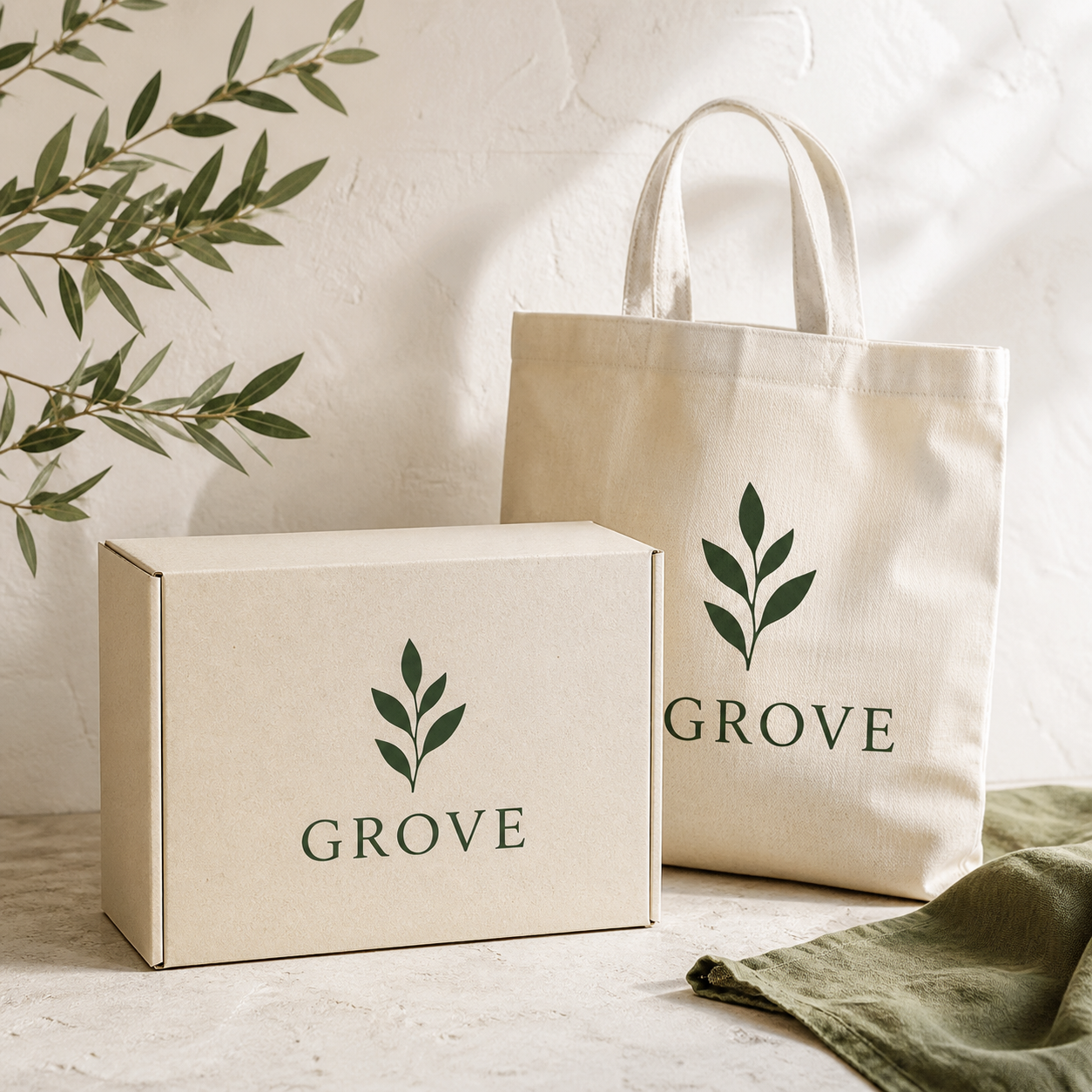AI-generated eco business name shown on sustainable shipping box and canvas tote