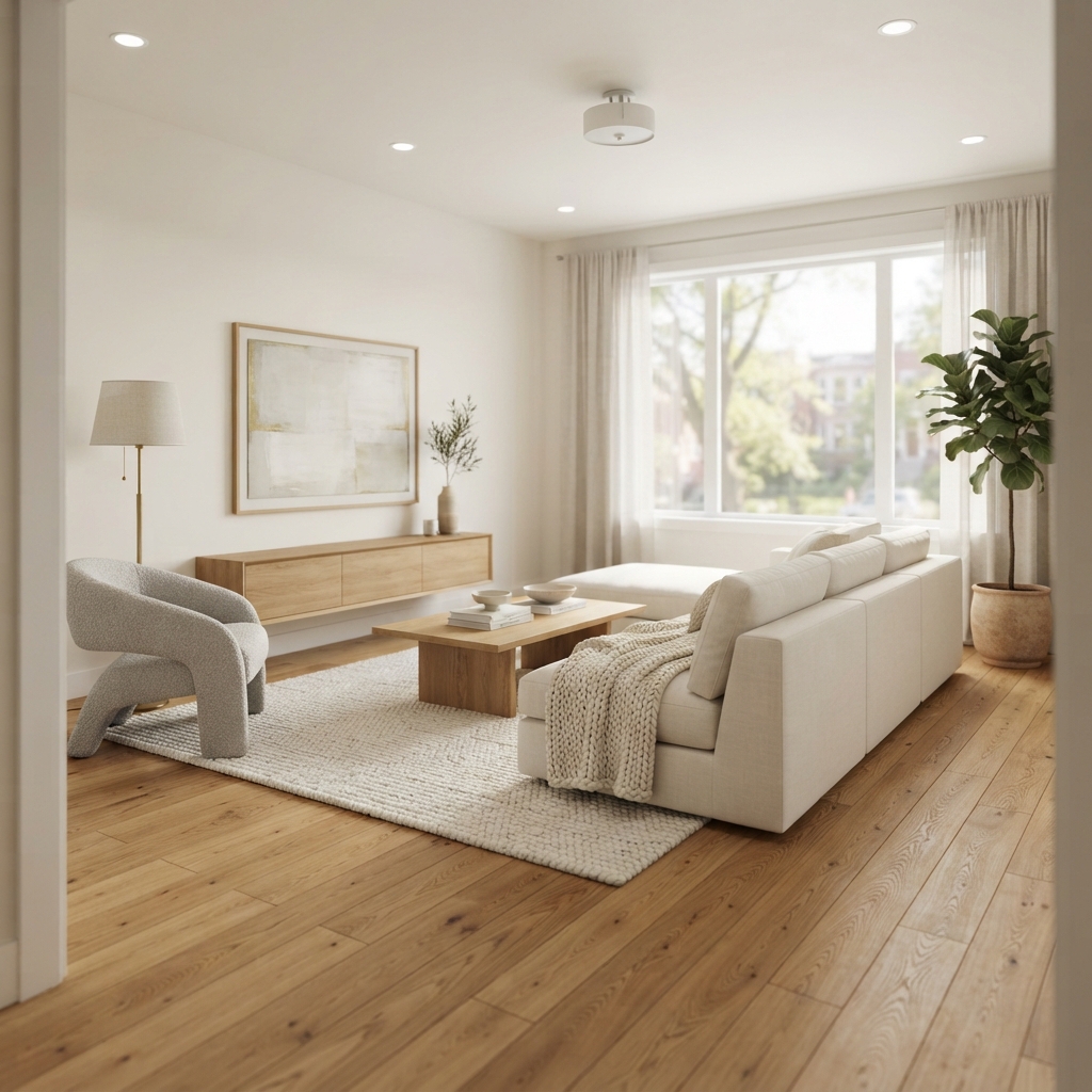Realistic modern living room with warm natural light