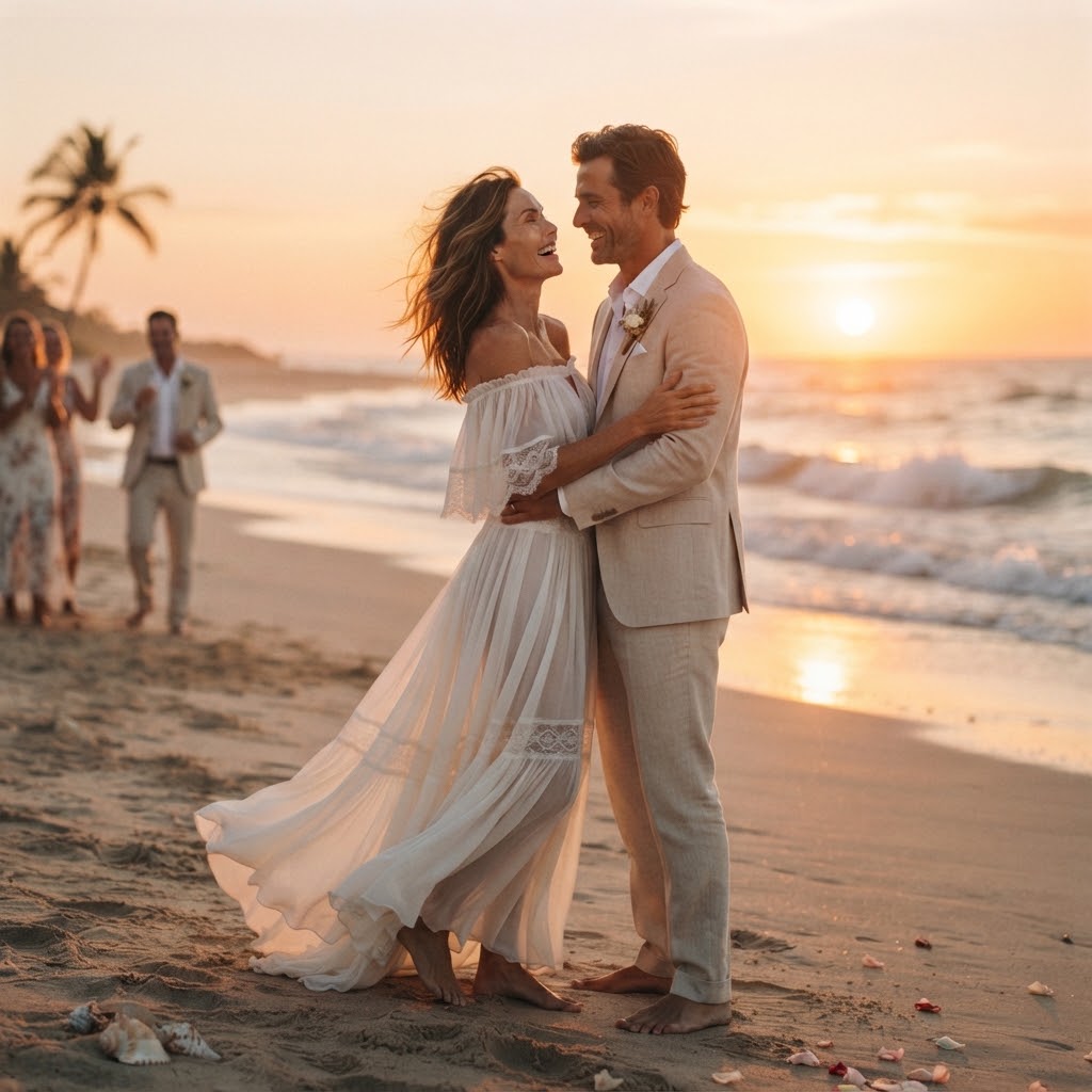 Realistic couple at a beach wedding during sunset