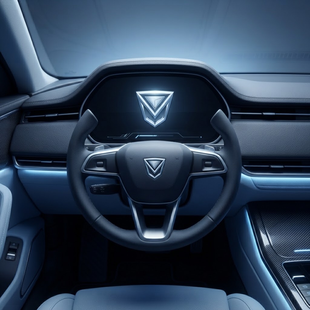 Custom vehicle logo shown in a smart car dashboard interface