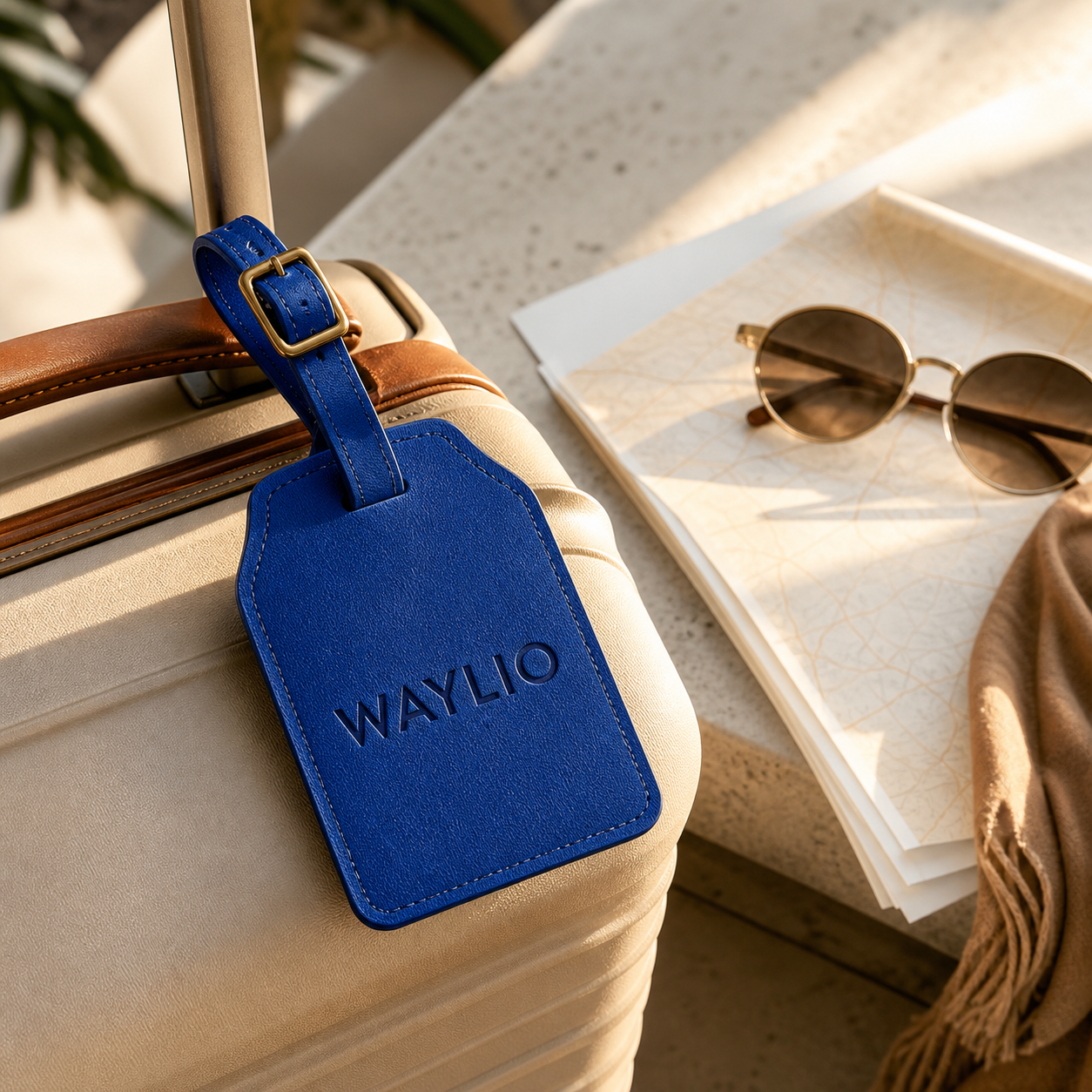 AI-generated travel business name WAYLIO debossed on a blue luggage tag