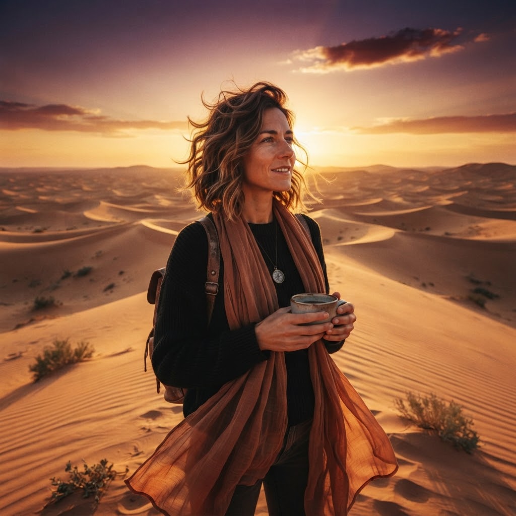 Realistic desert traveler surrounded by golden sand dunes