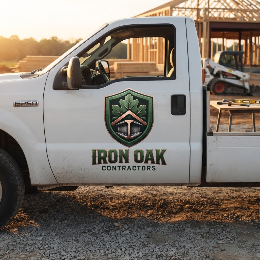 AI Construction Logos Generator displaying a contractor logo on a work truck