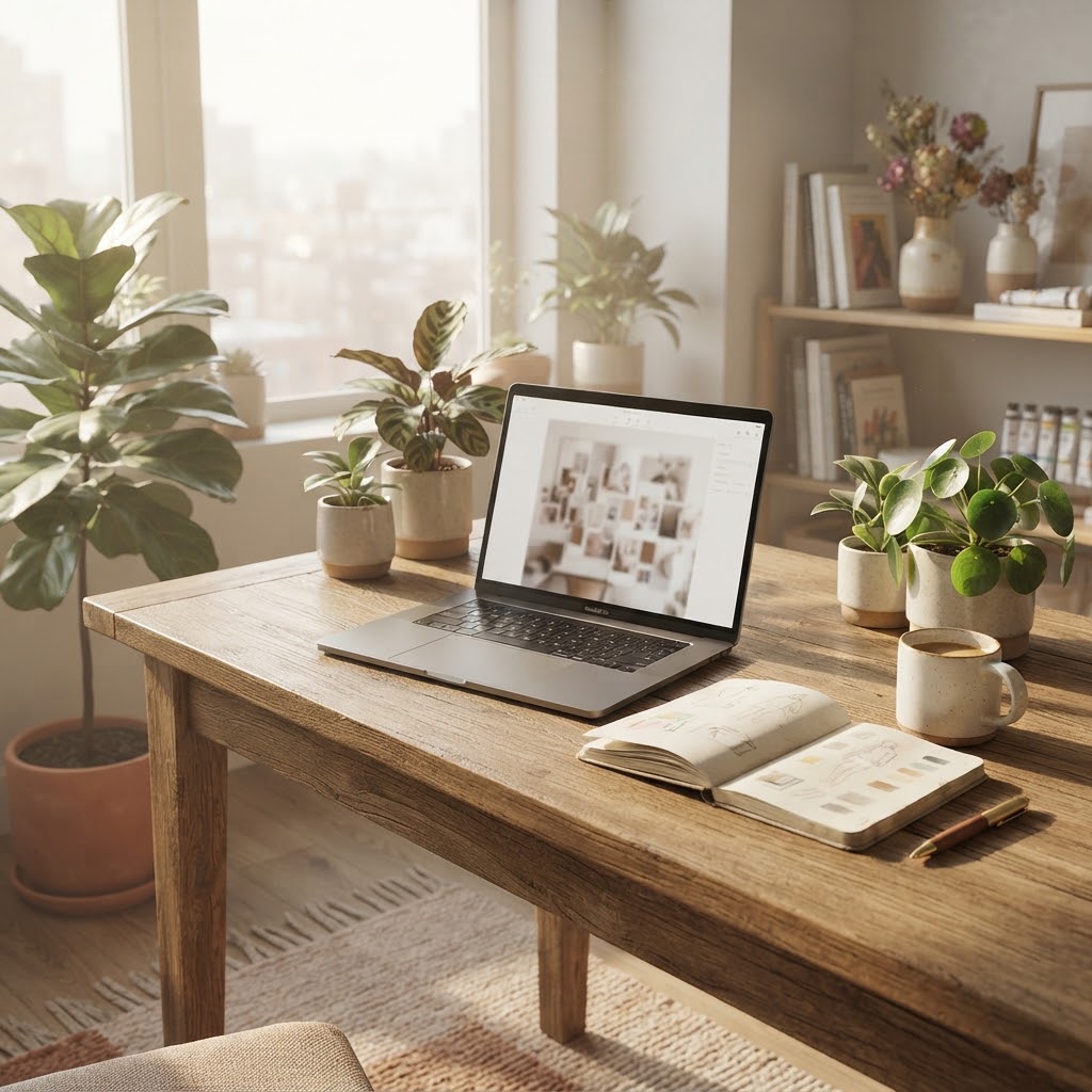 Realistic creative workspace with plants and sunlight