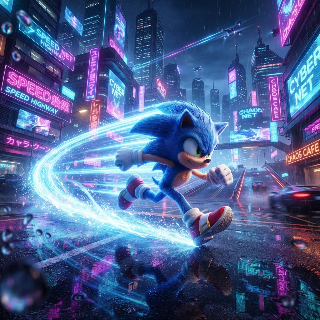 Sonic sprinting through a neon futuristic city at night
