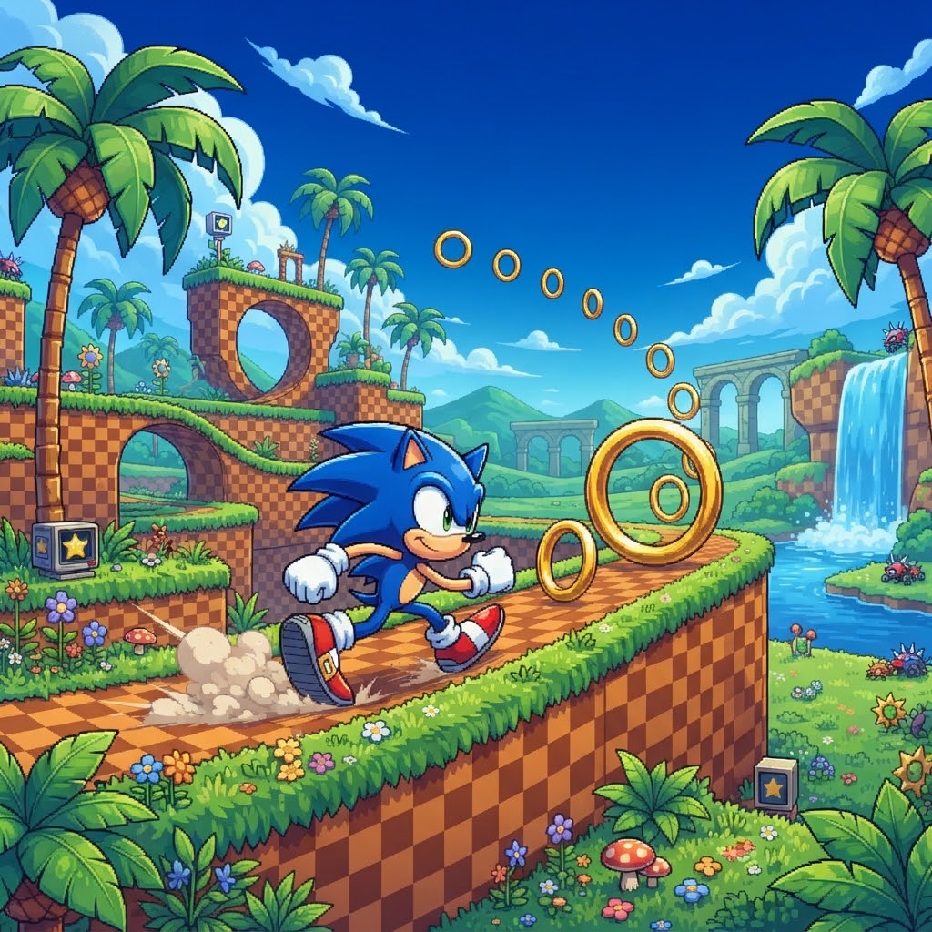 Sonic running through a colorful Green Hill landscape