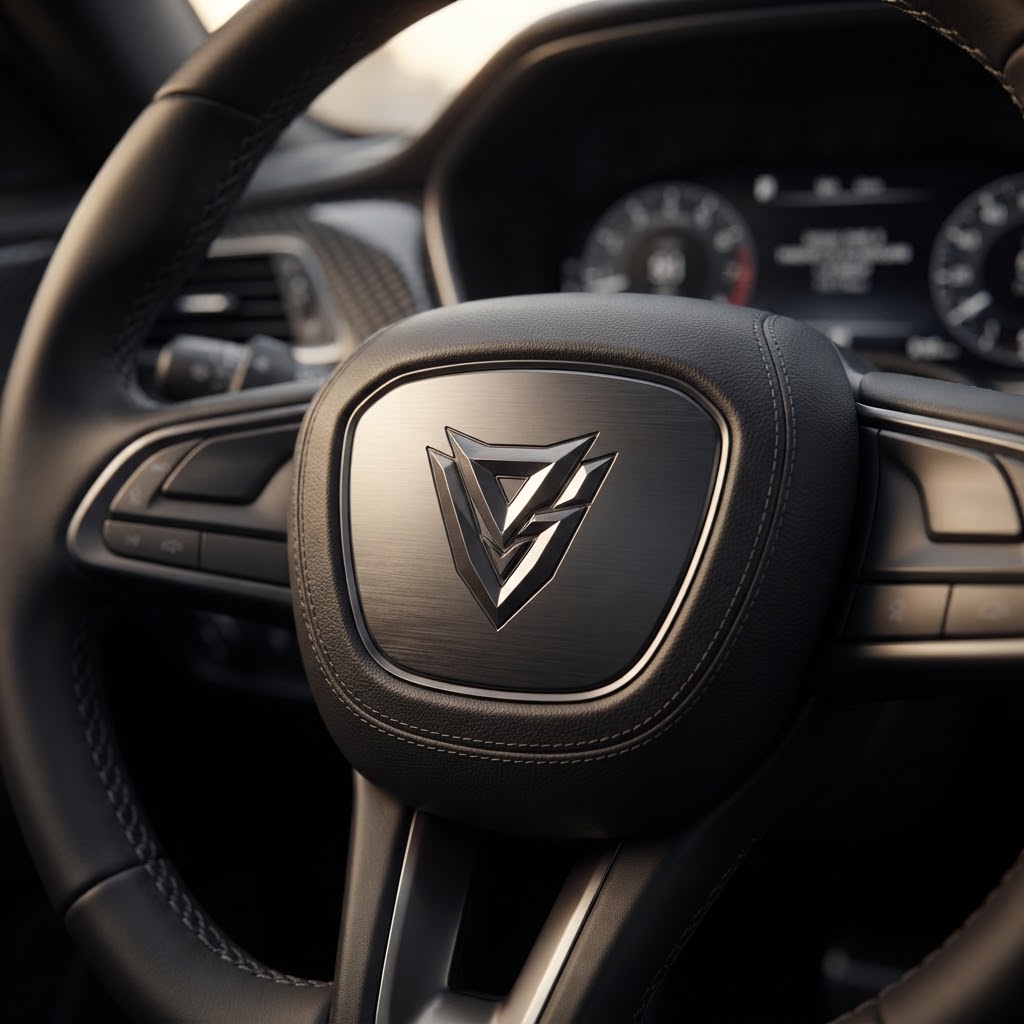 AI-generated car logo embossed on a luxury steering wheel