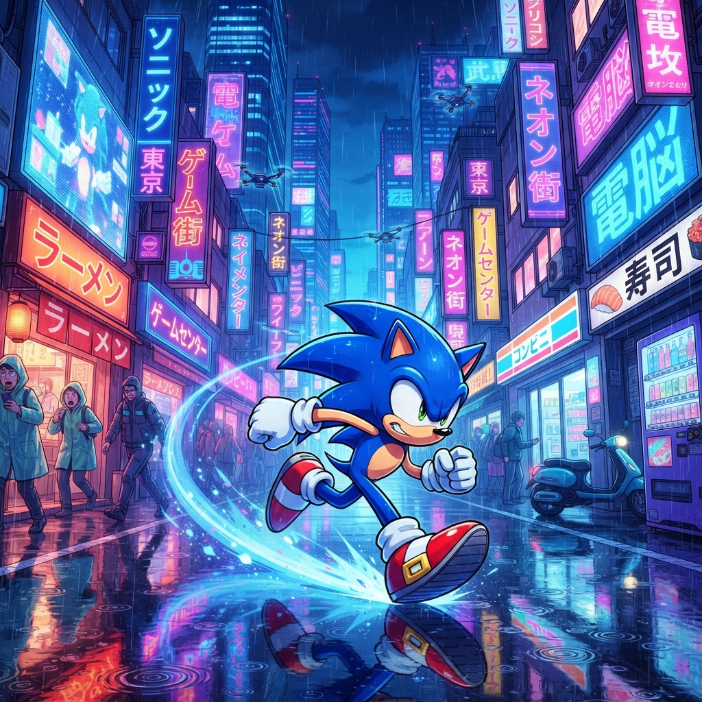 Sonic racing through a neon Tokyo street at night