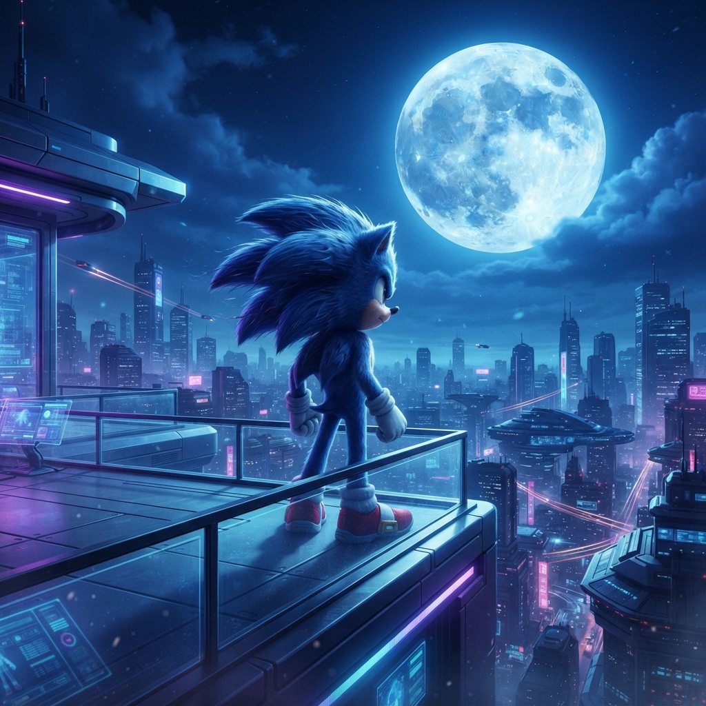 Sonic on a futuristic rooftop beneath a full moon