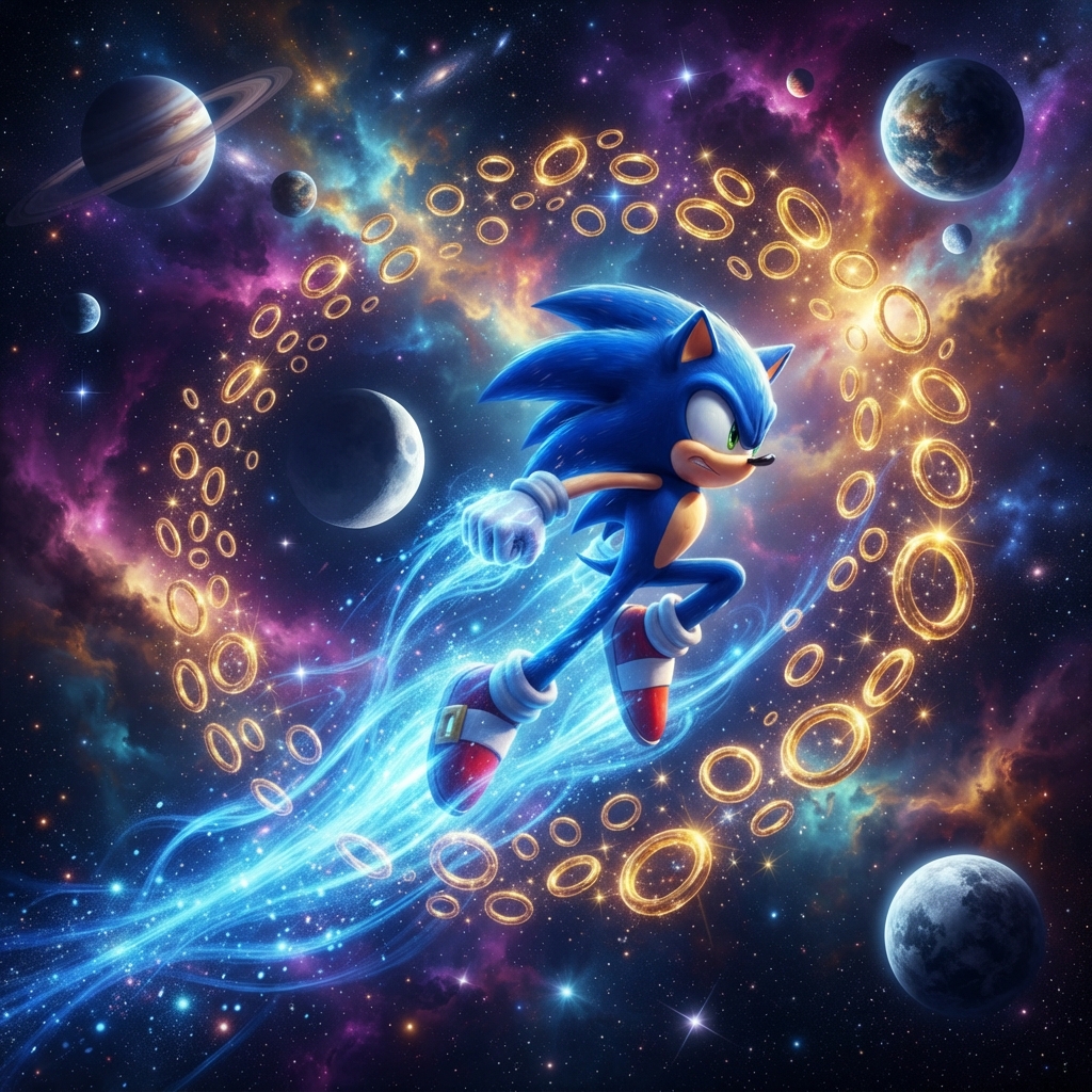 Sonic jumping through golden rings in outer space
