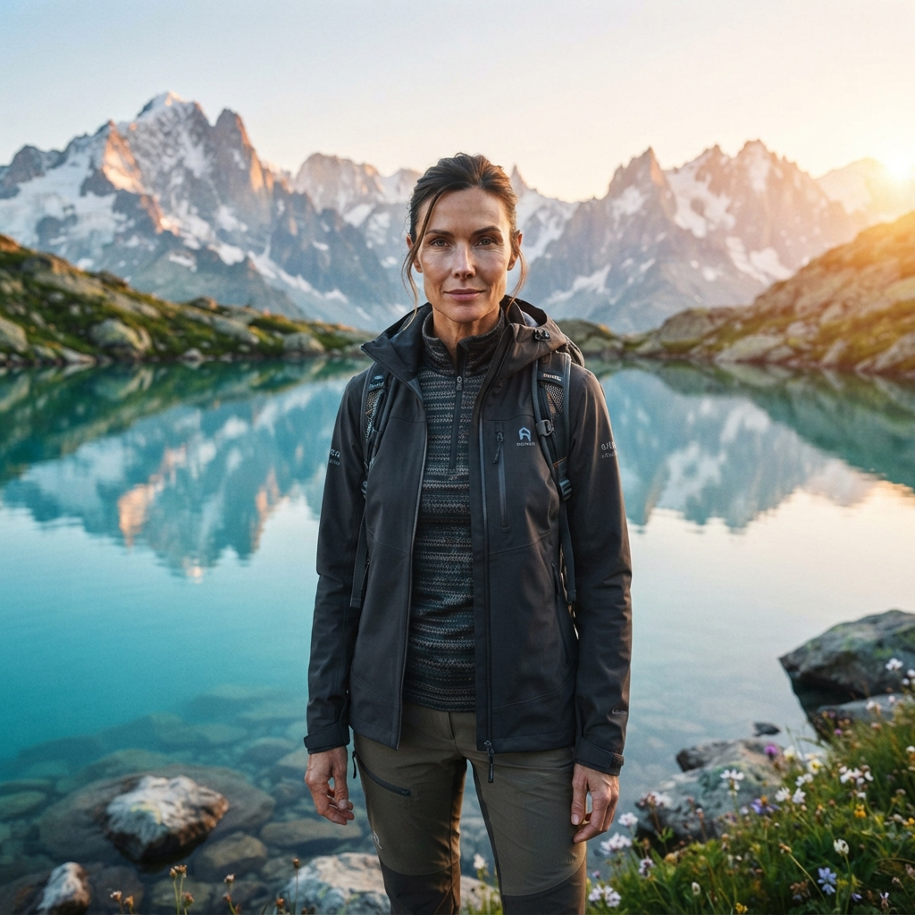 Realistic traveler beside an alpine lake at sunrise