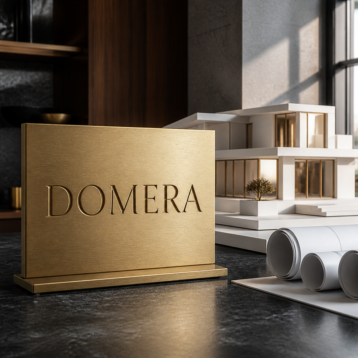 AI-generated real estate business name DOMERA engraved on a luxury office plaque