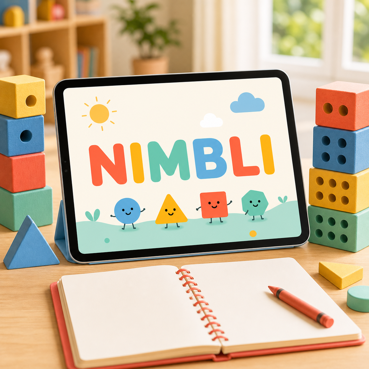 AI-generated education business name NIMBLI displayed on a colorful children's learning app
