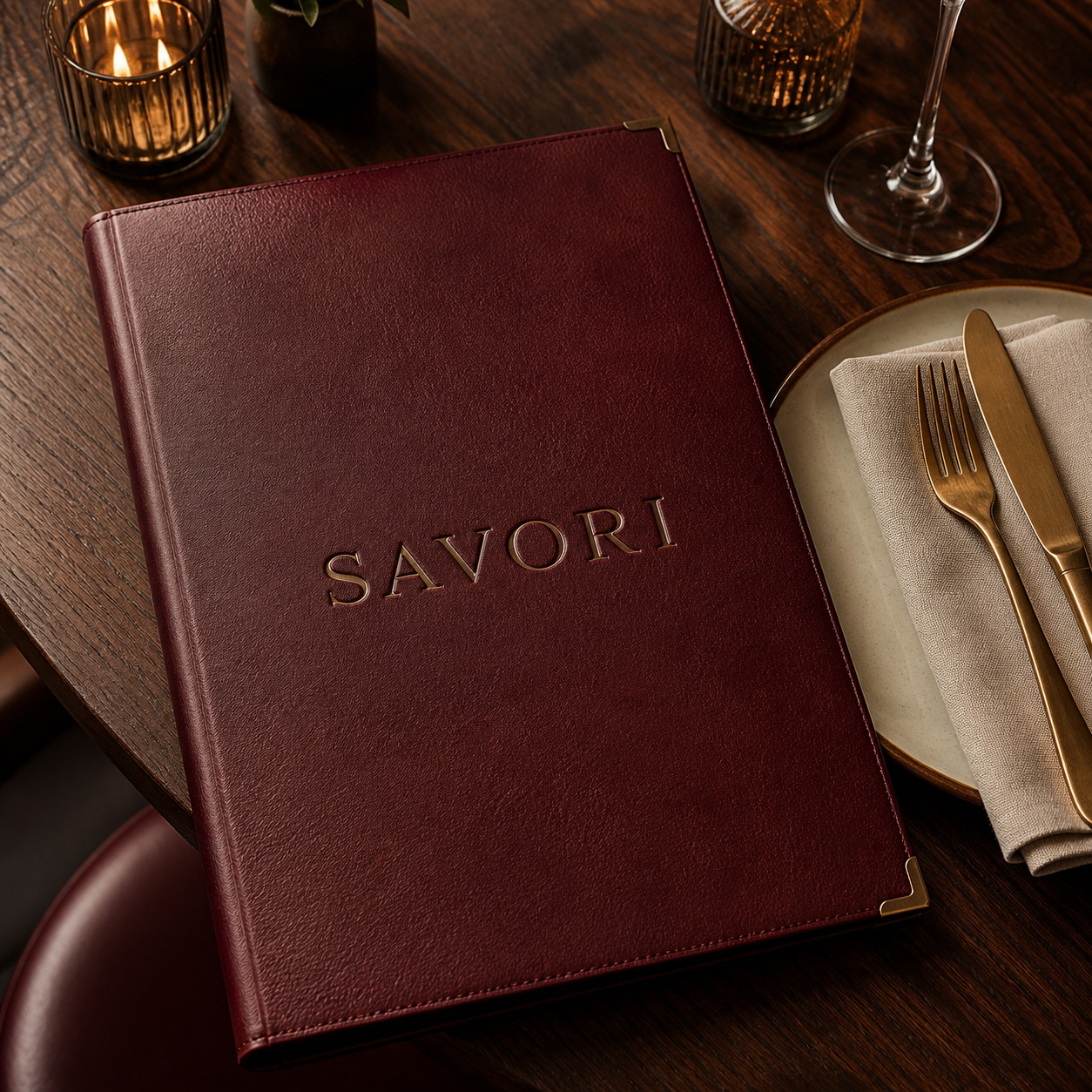 AI-generated restaurant business name SAVORI embossed on an elegant burgundy menu
