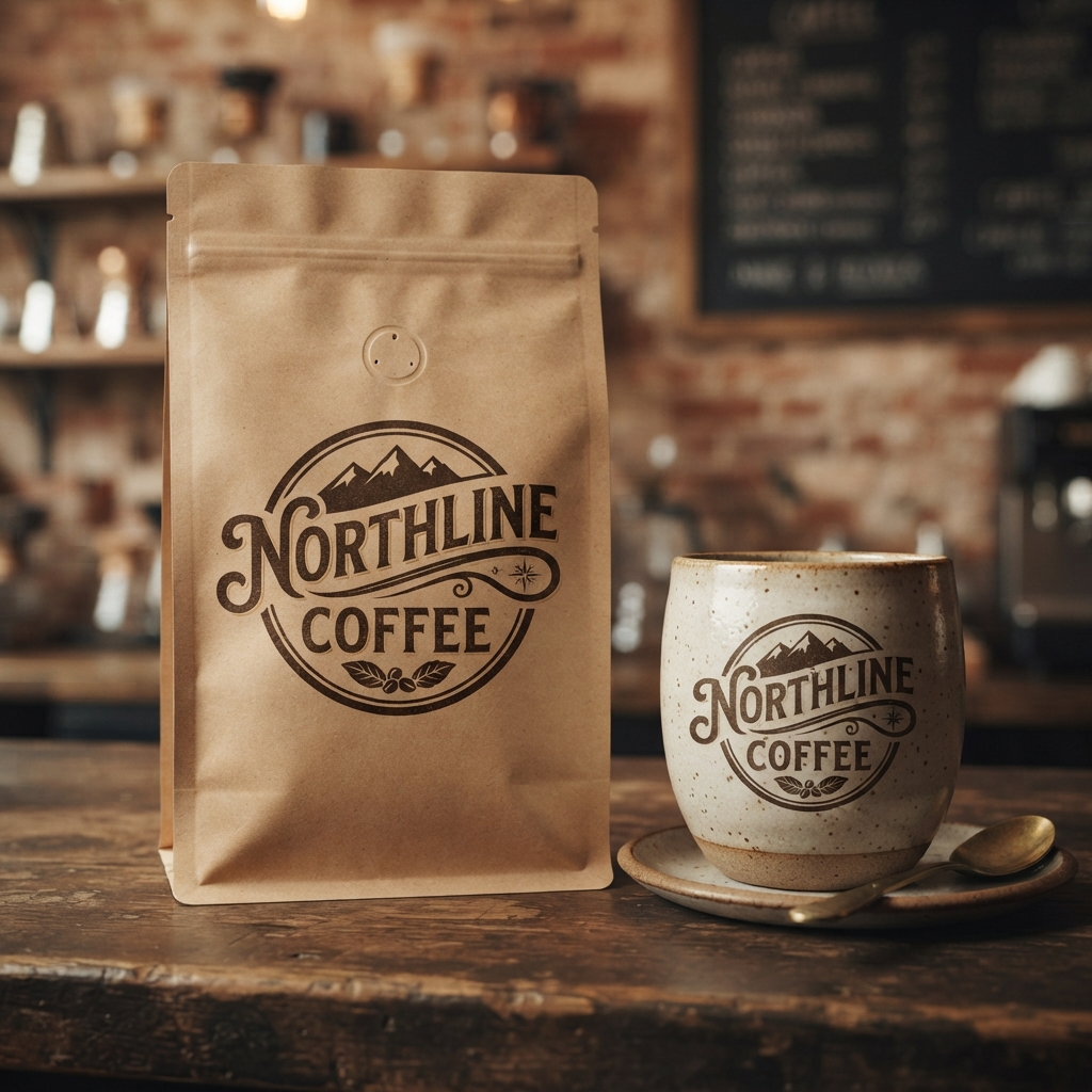 AI Text Logos Generator example on coffee packaging and cup