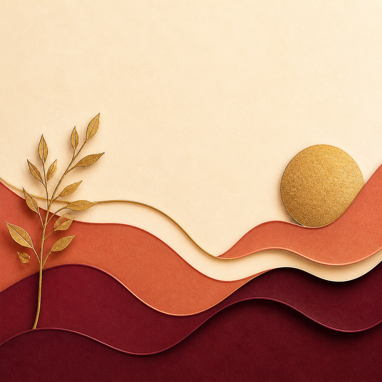 Elegant paper-cut Facebook cover with terracotta waves and gold leaves
