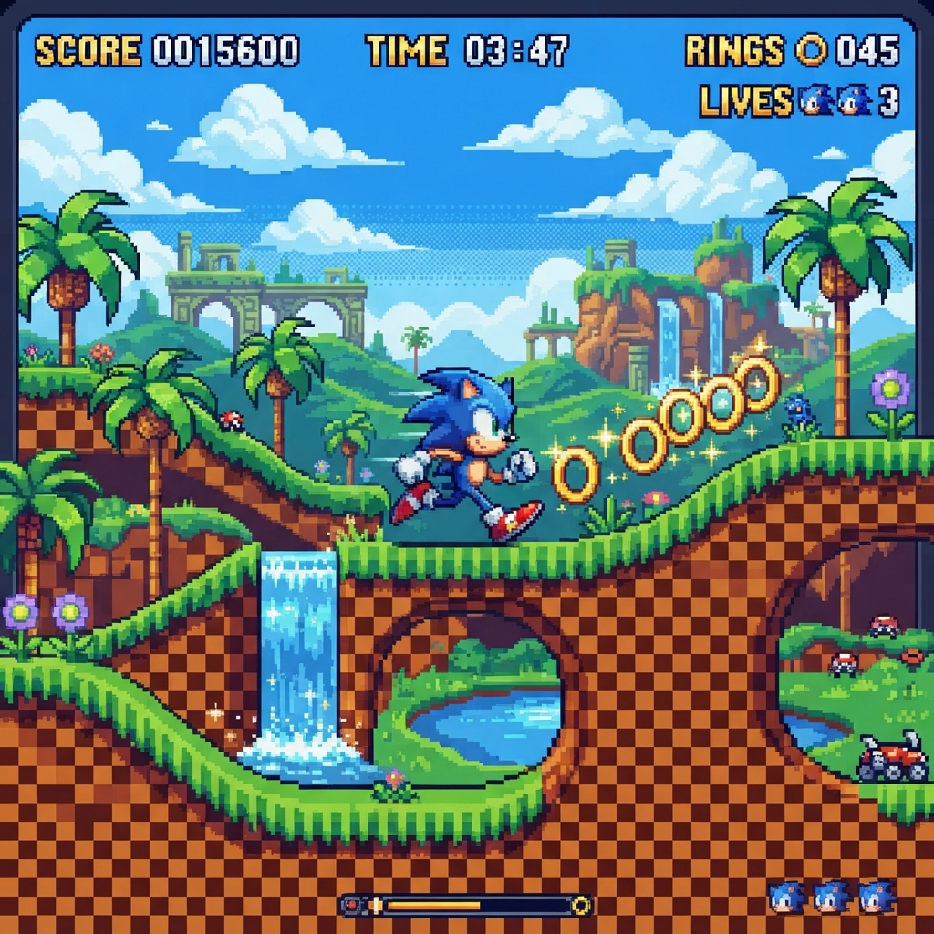 Sonic running in a retro 16-bit pixel art world