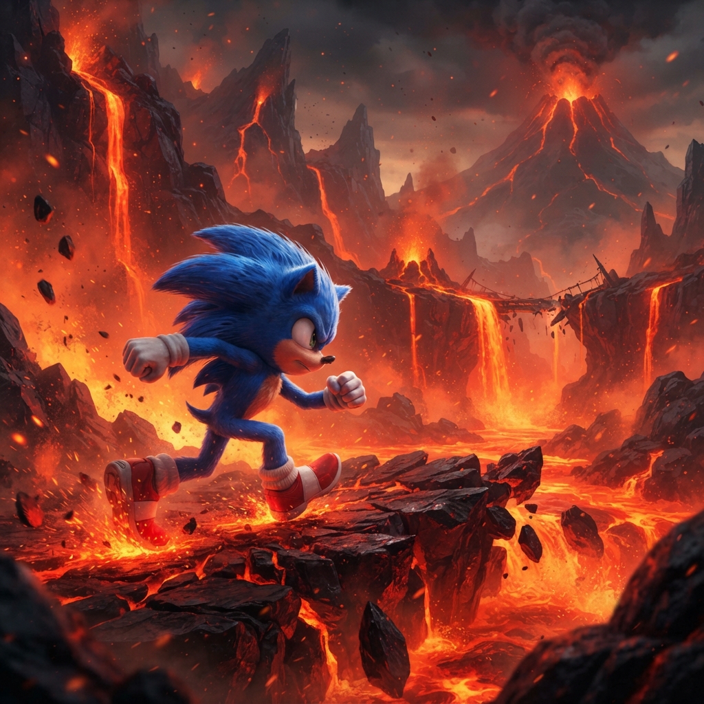 Sonic racing through a fiery volcanic lava zone