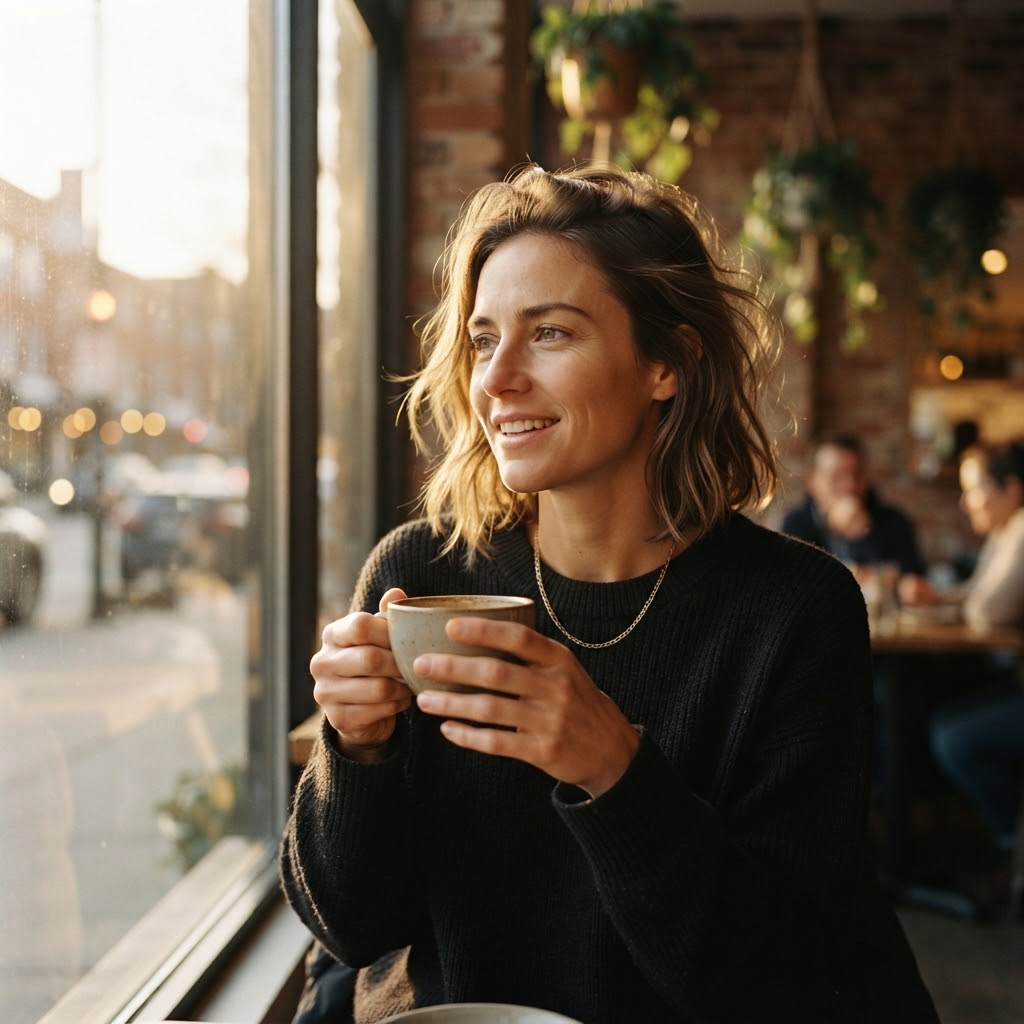 Realistic person enjoying coffee in a sunlit café