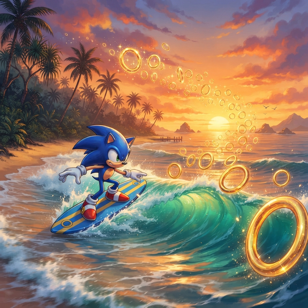 Sonic surfing along a tropical coast at sunset