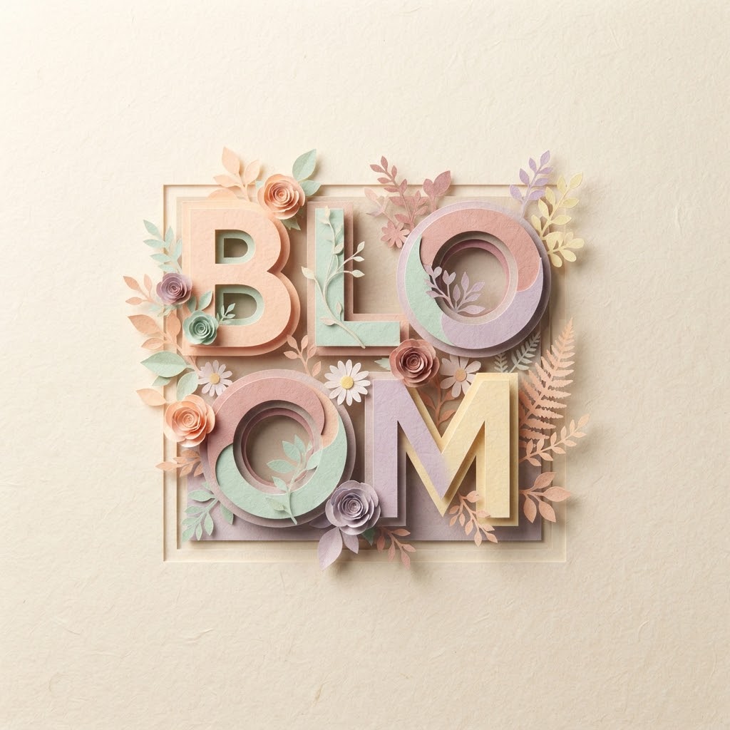 AI-generated floral layered paper-cut text logo