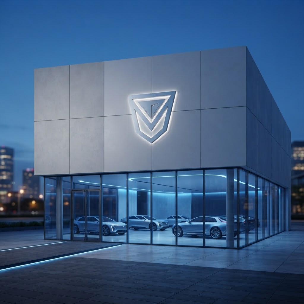Custom car logo displayed on a contemporary dealership sign