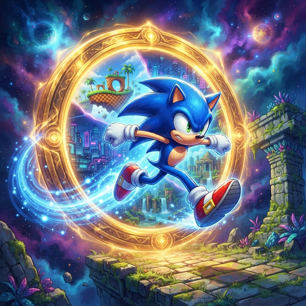 Sonic jumping through a glowing golden ring portal