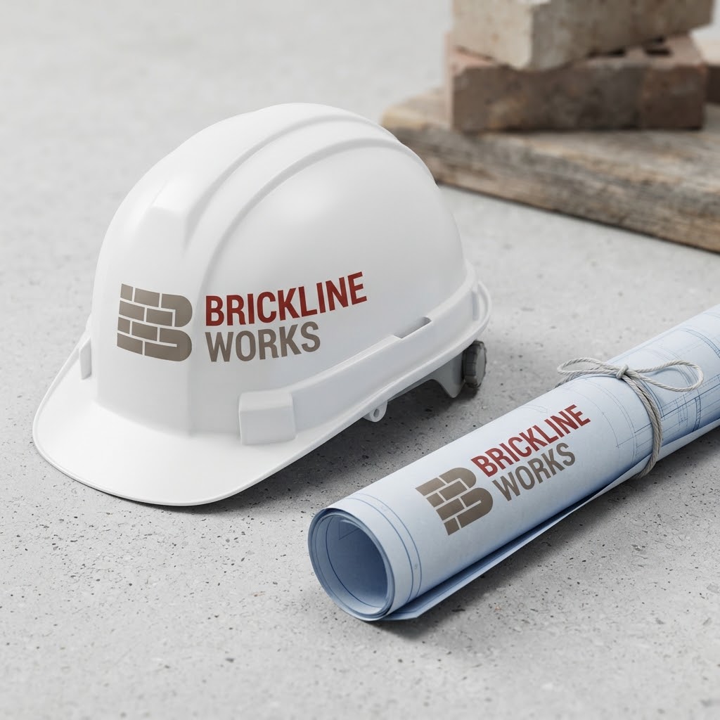 AI construction logo generator showing a brick company logo on a hard hat